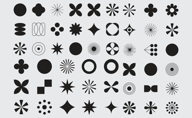 abstract geometric shapes and symbols in black and white, minimal modern design elements for branding, posters, and digital compositions