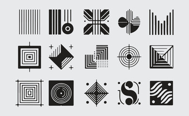 abstract geometric shapes and symbols in black and white, minimal modern design elements for branding, posters, and digital compositions