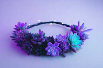 Floral crown adorned with vibrant succulents illuminated by soft lights
