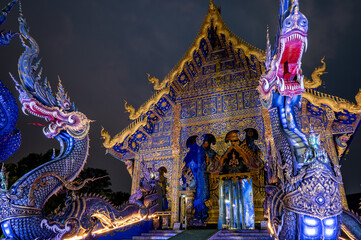 Stunning view of Rong Suea Ten, the famous blue temple in Chiang Rai, Thailand