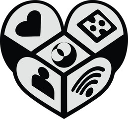 Heart shaped gift box with happy cartoon dog face and paw icons vector illustration