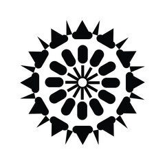 Intricate black and white geometric mandala design with sharp pointed elements and oval shapes