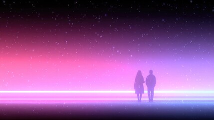 Silhouettes of two figures walking against vibrant gradient night sky