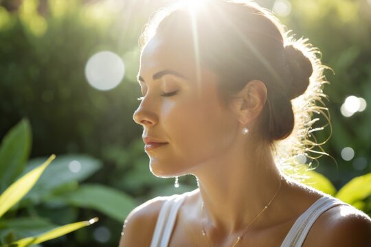 Frau meditiert in der Natur mit Gebetshaltung im Sonnenlicht