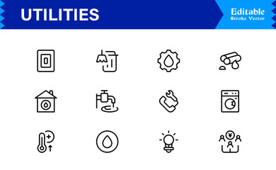 Modern Utilities Line Icon Pack with Professional Minimal Design, Unique Vector Outline Set Featuring Essential Household, Energy, and Maintenance Symbols for Premium Projects