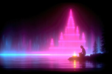Illuminated silhouette near tranquil water, vibrant neon structures in background