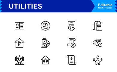 Modern Utilities Line Icon Pack with Professional Minimal Design, Unique Vector Outline Set Featuring Essential Household, Energy, and Maintenance Symbols for Premium Projects