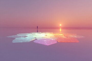 Radiant sunset illuminates hexagonal shapes on tranquil water surface, creating serenity