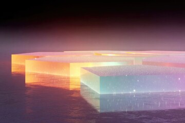 Translucent geometric shapes glow softly against dark background, creating depth