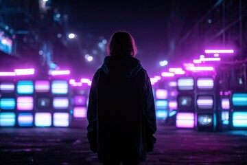 Silhouette of person against vibrant neon lights in an urban setting