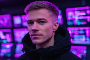 Bright neon lights illuminate young man's face, creating futuristic vibe