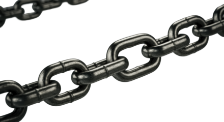 Ultra-macro close-up of polished steel industrial chains, taut under extreme tension on transparent, chiaroscuro lighting. Concept of industrial power