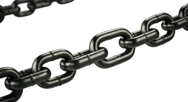 Ultra-macro close-up of polished steel industrial chains, taut under extreme tension on transparent, chiaroscuro lighting. Concept of industrial power