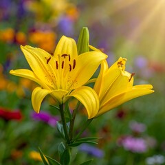 Bright yellow lilies bloom under the sun's rays in a colorful garden