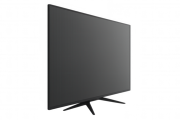 Modern black flat screen smart tv or computer monitor with dark blank display on transparent background