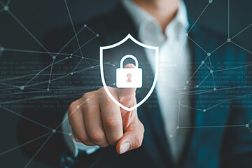 Cybersecurity concept man touching shield with lock secure data privacy protection online safety 100