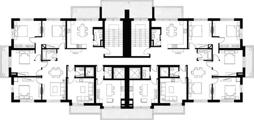 Multi-unit apartment floor plan, symmetrical residential layout, architectural blueprint, central corridor, stairwell, elevators, interior design, housing, planning, construction © IconicCreations