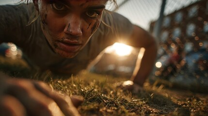 Close-up of a determined woman doing push-ups outdoors.