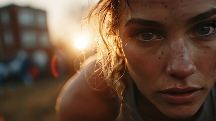 Close-up of a determined woman doing push-ups outdoors.