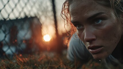 Close-up of a determined woman doing push-ups outdoors.