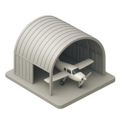 STYLE Icon 3D render, Isometric style of Hangar &ndash; Huge arched steel structure, airplane inside. isolated on a transparent background
