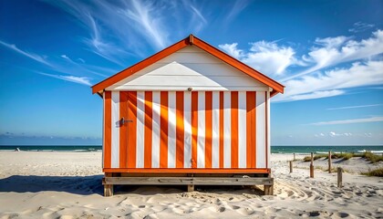 Brightly colored beach hut stands on a sandy shore under a bright blue sky