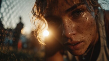 Close-up of a determined woman doing push-ups outdoors.