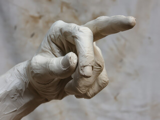 Sculpted hand pointing with index finger extended in a close up view against a blurred background