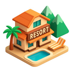 STYLE Icon 3D render, Isometric style of Resort &ndash; Beachmountain resort style building with swimming pool isolated on a transparent background