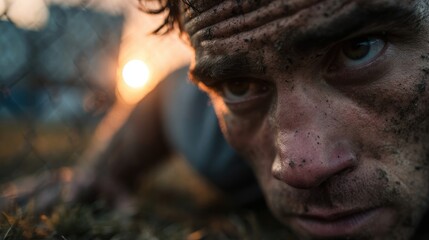 Close-up of a determined woman doing push-ups outdoors.