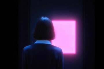 Mysterious figure gazes at glowing pink square, evoking intrigue and contemplation