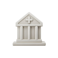STYLE 3D render, A bank building icon with three columns and triangular roof, white and soft gray., isolated on a transparent background