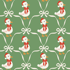 Fototapeta premium Cute Christmas seamless pattern with duck and bows. Coquette holiday design for wrapping paper, wallpaper, fabric, and background