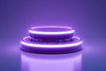 Illuminated platform with glowing purple rings creates futuristic ambiance