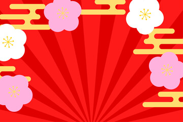 和風の梅模様と赤背景の華やかな正月セール用イラスト　赤