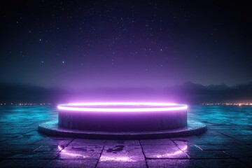 Illuminated platform surrounded by water, starry night sky creating mystical ambiance