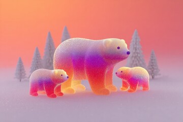 Softly glowing bears in vibrant hues stand amidst dreamy winter trees, evoking warmth