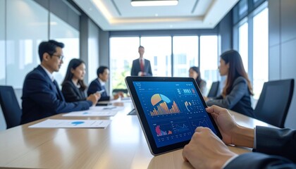 Modern conference room interior focused on tablet displaying data analytics, with blurred business people discussing strategy in the background