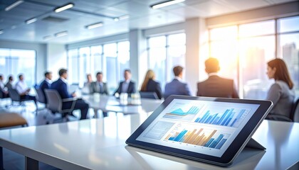 Modern conference room interior focused on tablet displaying data analytics, with blurred business people discussing strategy in the background