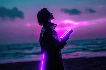 Silhouette against colorful twilight sky, holding glowing book, ocean waves nearby