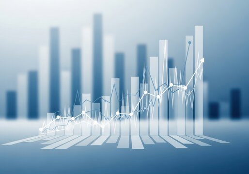 Abstract financial chart with rising bar graph and stock market line graph showing growth and success in business