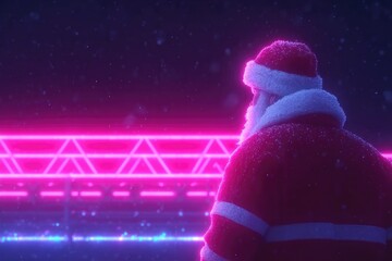 Glowing neon landscape featuring Santa admiring vibrant lights and winter scenery
