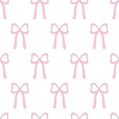 Seamless pattern with cute pink bows on a white background. Surface background for print, wrapping paper, packaging, textile, background. Flat vector illustration.