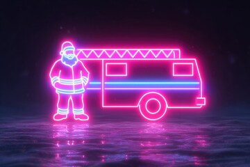 Bright neon illustration featuring Santa next to fire truck, whimsical design