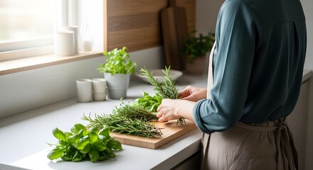 Woman's hands preparing fresh green herbs like rosemary and basil on a wooden cutting board in a brightly lit modern kitchen, emphasizing healthy cooking.