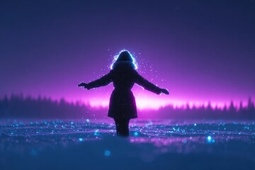 Silhouette in glowing landscape, surrounded by vibrant purple and blue hues