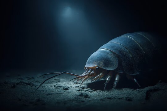 Giant isopod in dark sea water environment