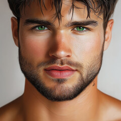 Obraz premium Handsome man with green eyes, short dark hair, stubble beard, and confident expression