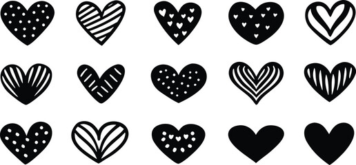 Collection of hand drawn black and white heart shapes with various patterns and textures isolated on white background