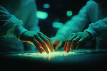 Hands interact with glowing interface, creating futuristic, immersive experience